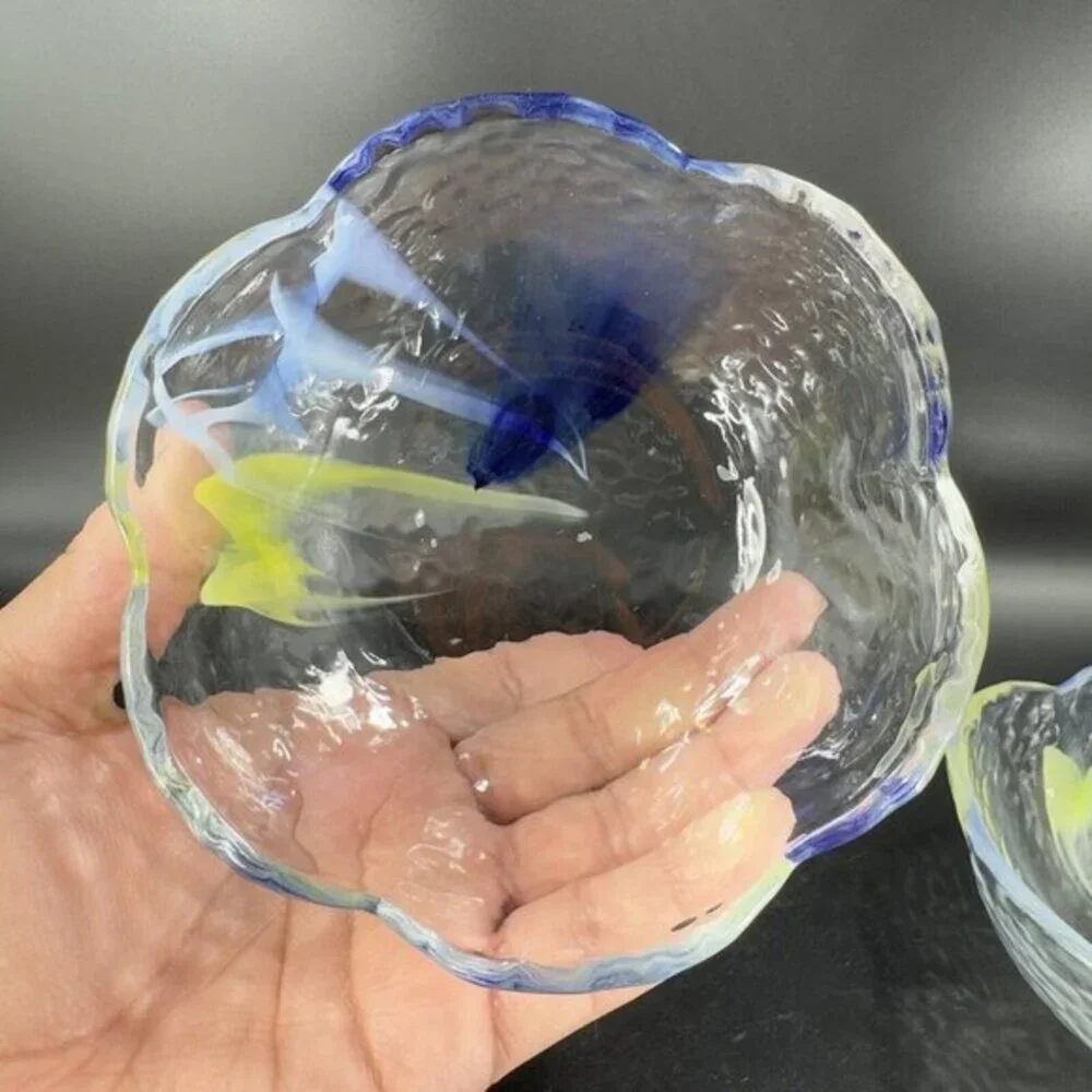 Vintage Aderia‎ Glass Bowl Set 2 Made In Japan Clear Blue Yellow Swirls Ruffled